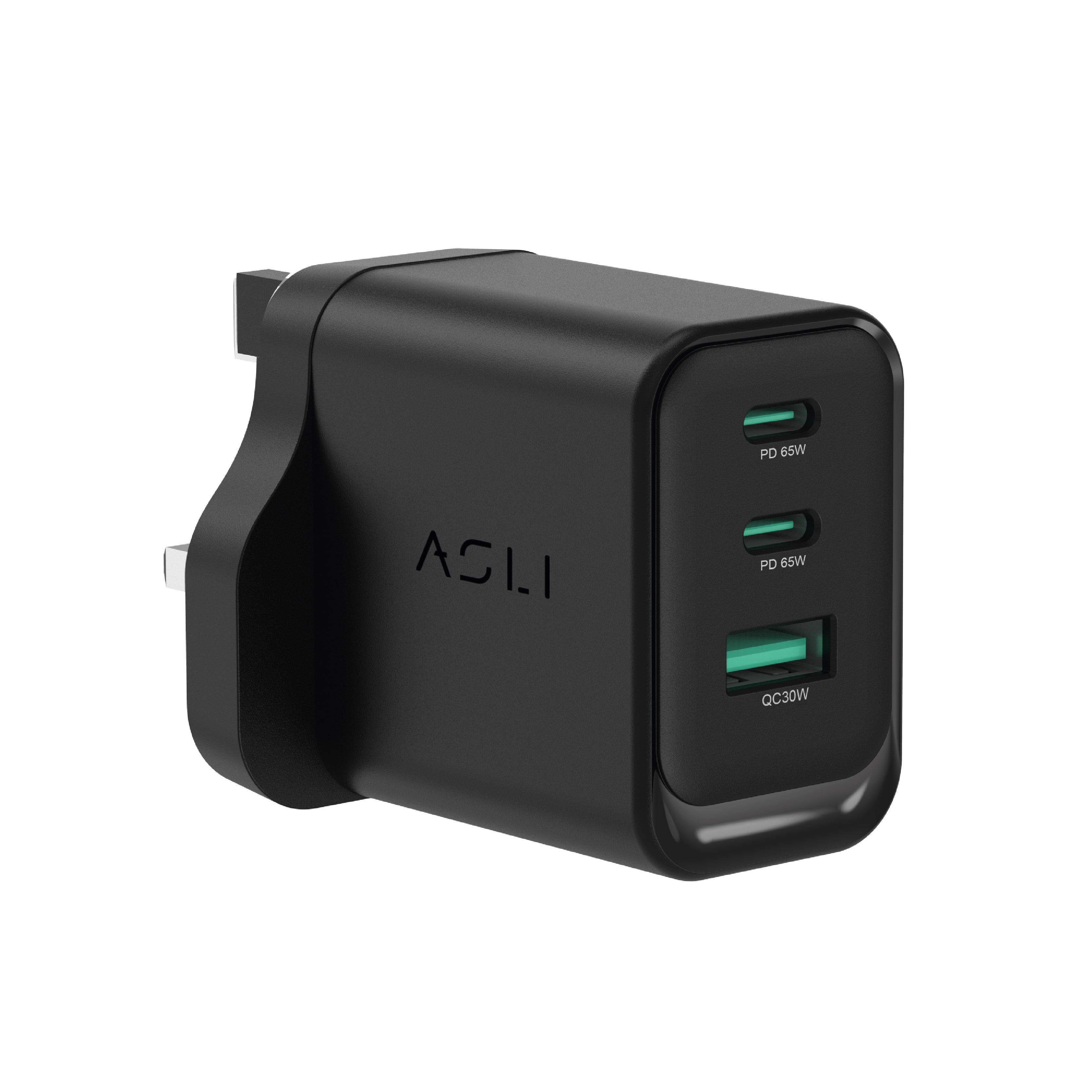 شاحن حائط فائق السرعة من أسلي جلوبال بقوة 65 واط بثلاث منافذ USB بتقنية GaN , PD | أسود شاحن حائط فائق السرعة من أسلي جلوبال بقوة 65 واط بثلاث منافذ USB بتقنية GaN , PD | أسود